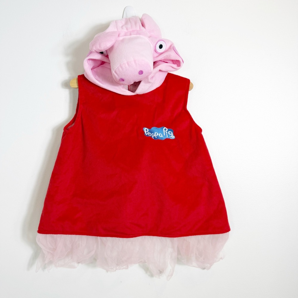 Peppa Pig Costume Dress Girls 3T-4T Red Pink Plush Hooded Halloween Dress Up